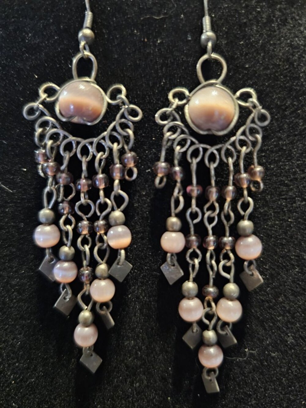 Boho Chandelier Earrings Purple Cat's Eye Beads Antique Silver Tone